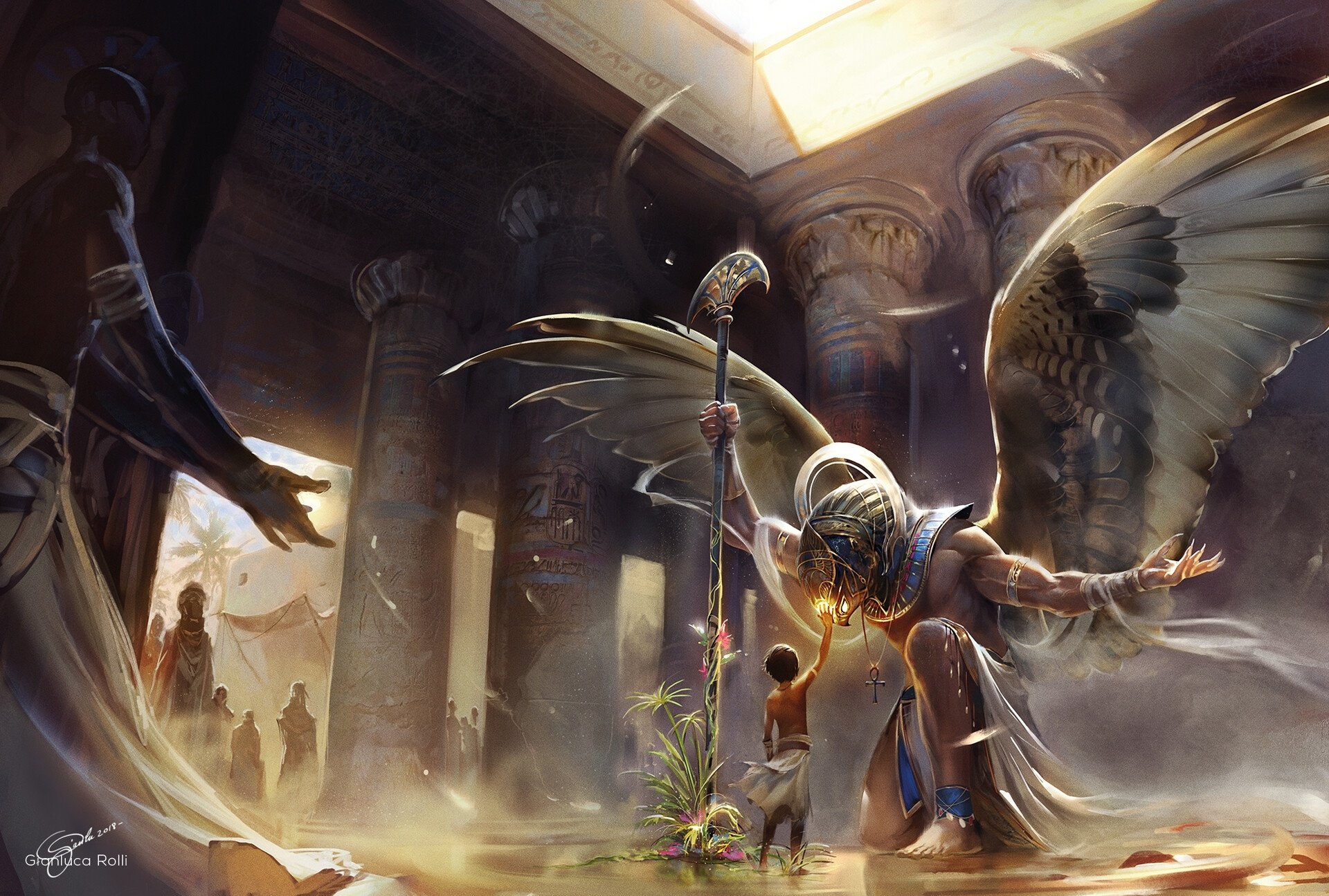 A fantasy HD wallpaper depicting the Egyptian god Horus with wings inside an ancient temple surrounded by towering columns and mystical light.