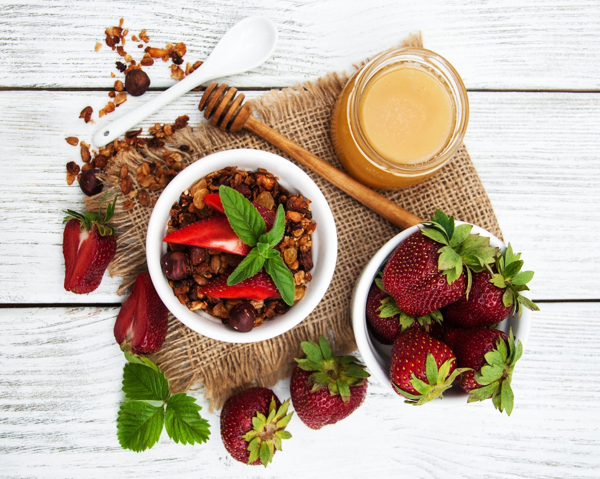 Download Still Life Granola Honey Strawberry Berry Food Breakfast HD Wallpaper