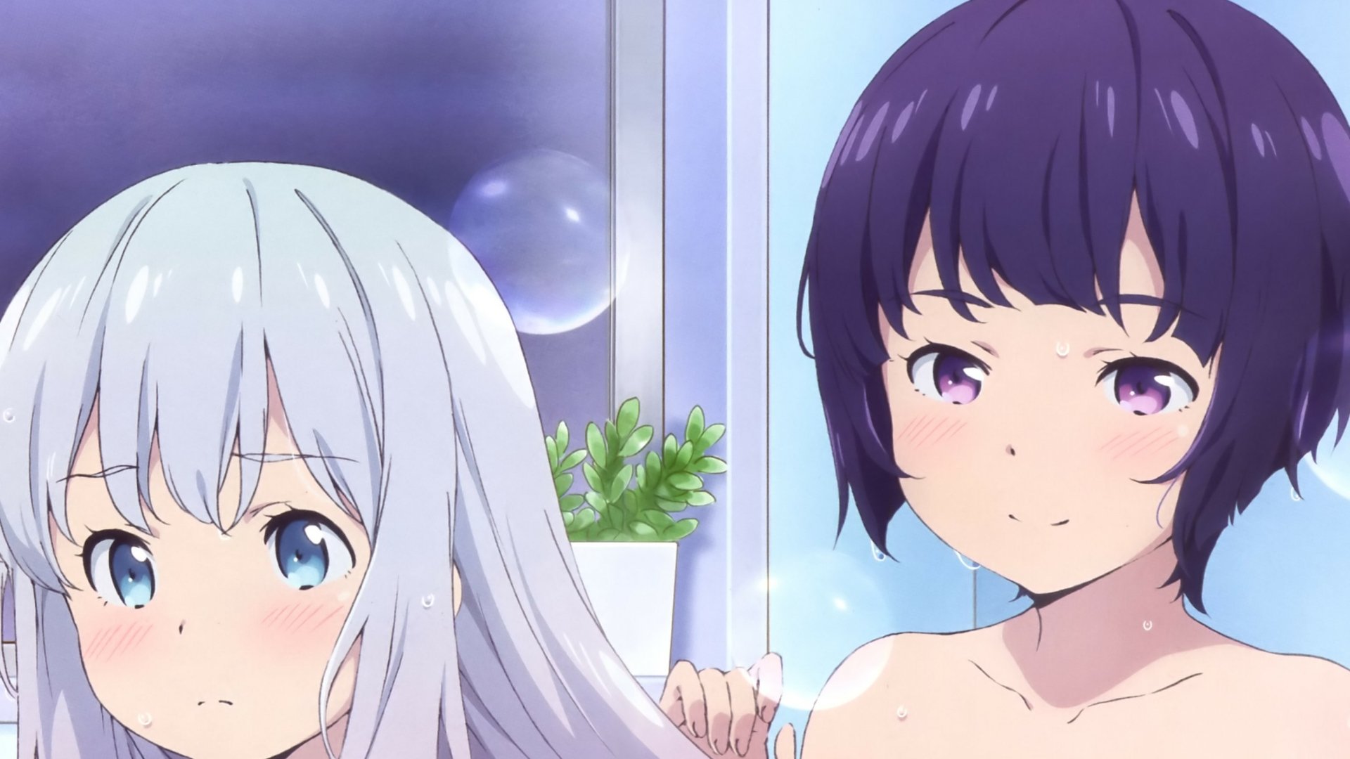 2K Quad HD PC wallpaper of Senju Muramasa and Sagiri Izumi (EroManga-Sensei) in a soft-lit bath by a window with bubbles.