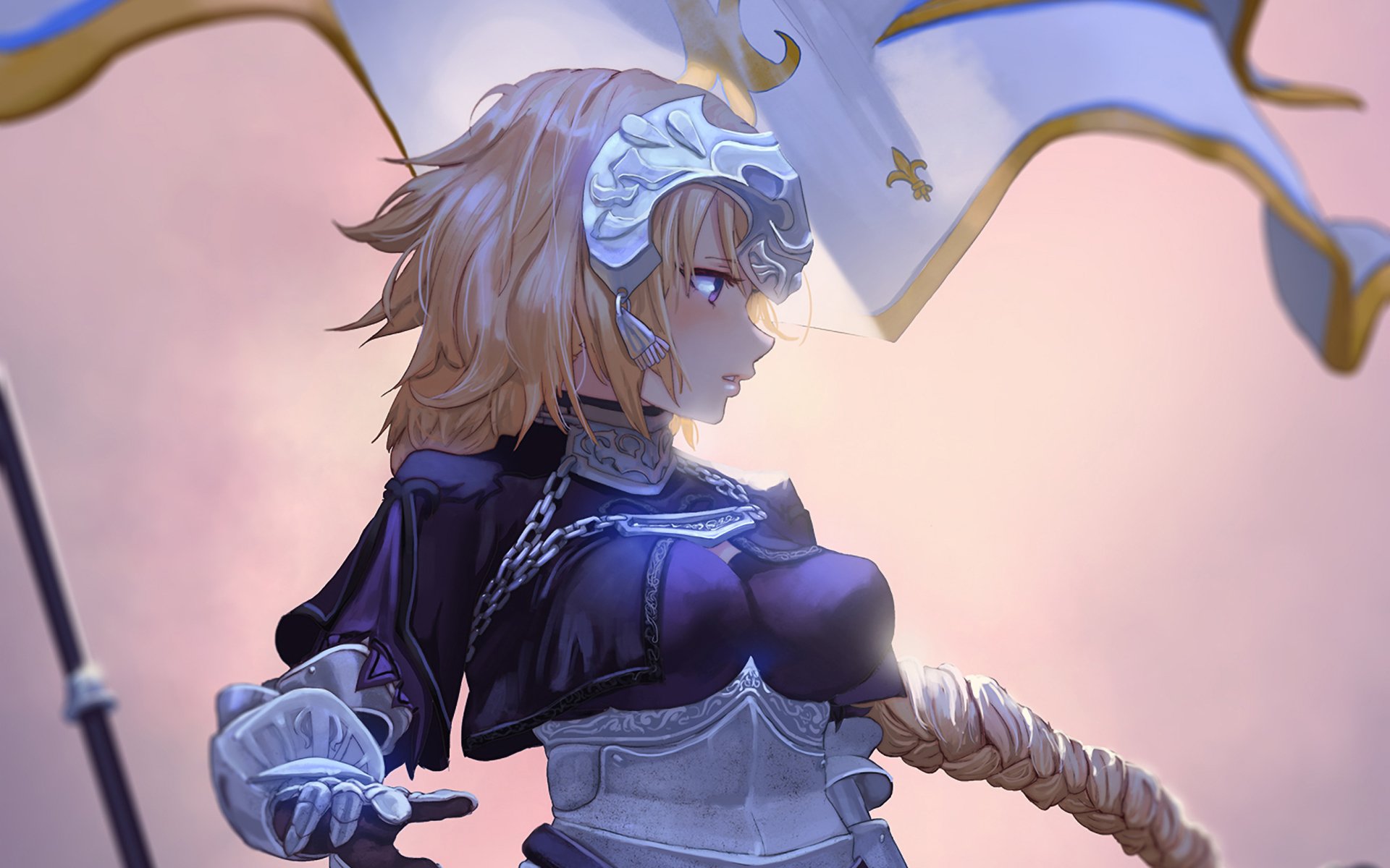 Jeanne d'Arc (Ruler, Fate/Apocrypha, Fate/Grand Order) anime warrior: long blonde braided hair, purple eyes, wearing armor and holding a banner, 2K Quad HD desktop wallpaper.