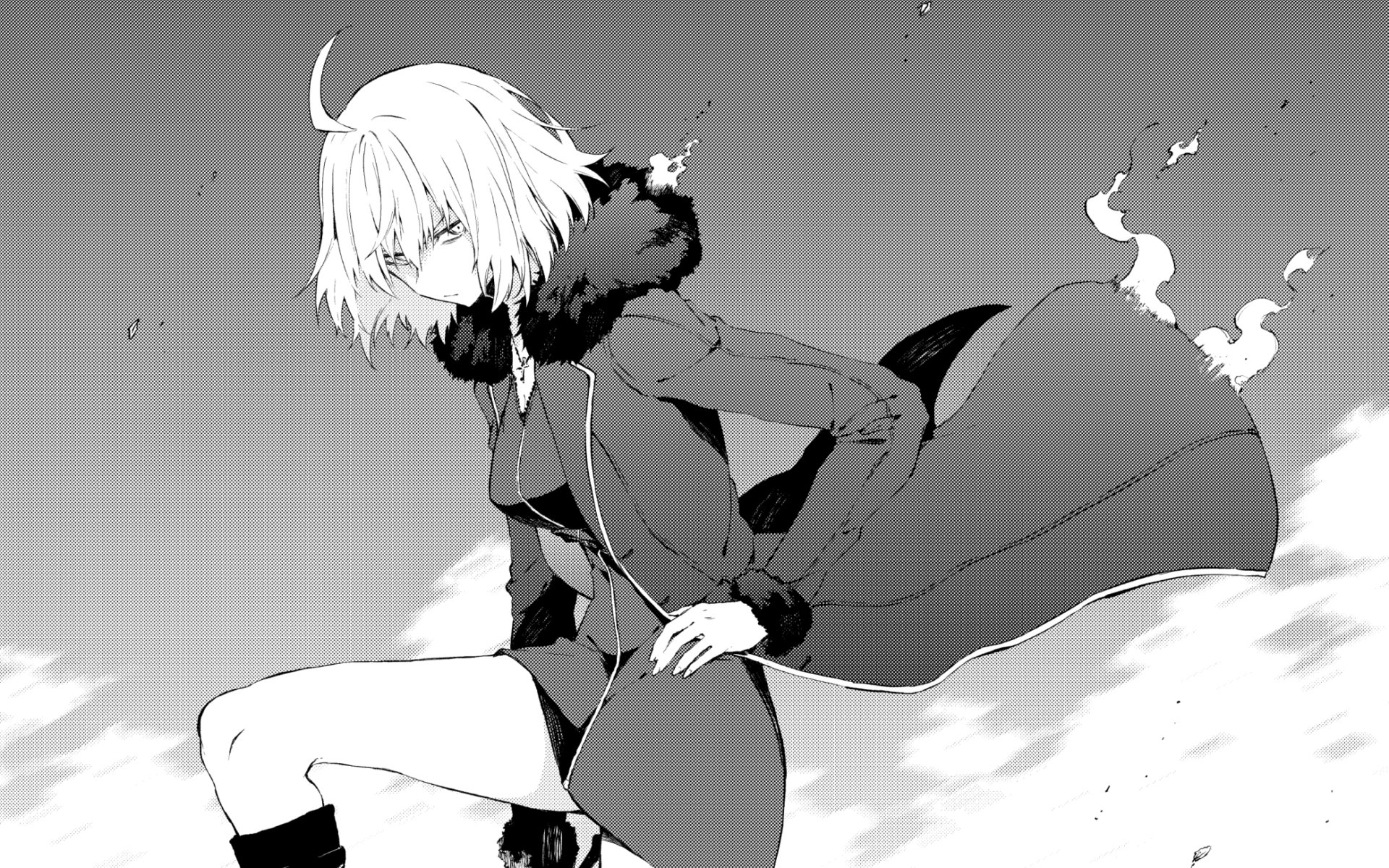 Black and white anime-style HD wallpaper featuring Jeanne d'Arc Alter with short hair in a dynamic pose from Fate/Grand Order, showcasing the Avenger class.