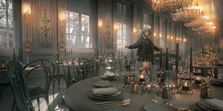 Gothic anime scene featuring a grey-haired twintails character in a grand, chandelier-lit dining room with an ornate table set for a formal meal.