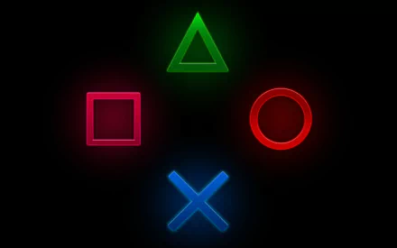 HD PC desktop wallpaper featuring glowing PlayStation controller symbols—triangle, circle, cross, and square—set against a black background, highlighting video game culture.