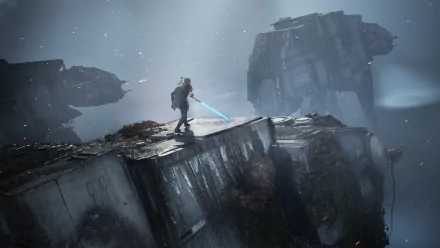 Cal Kestis wields a blue lightsaber on a ledge facing an imposing AT-AT Walker in a dark, atmospheric scene from the Star Wars Jedi: Fallen Order video game.