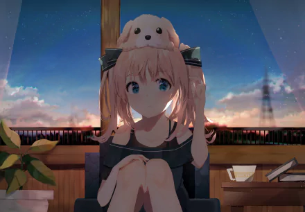HD desktop wallpaper featuring an original anime character with blonde hair and blue eyes, sitting indoors. She has a small plush dog on her head, and the background shows a twilight sky through a large window.