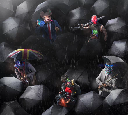 4K Ultra HD PC desktop wallpaper featuring masked characters from the video game Watch Dogs: Legion standing under black umbrellas in a rainy urban setting.