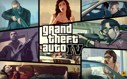 HD PC desktop wallpaper featuring key characters and action scenes from the video game Grand Theft Auto IV.