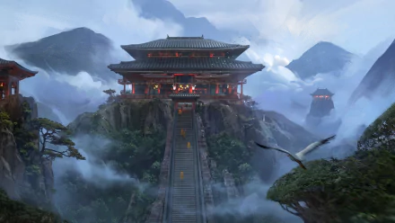 HD desktop wallpaper featuring an oriental temple set on a misty mountain, inspired by the Modern Combat video game series.