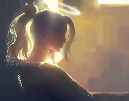 HD PC desktop wallpaper of Mercy (Overwatch), video game healer: blonde ponytail, backlit silhouette with glowing halo and warm painterly lighting.