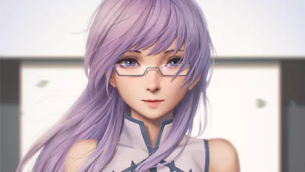 HD desktop wallpaper featuring Sheele from Akame Ga Kill! with purple hair and glasses, against a soft background.