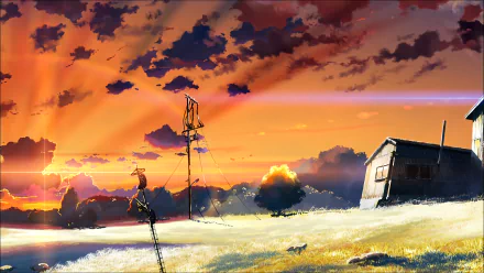Anime scene from The Place Promised In Our Early Days featuring a vibrant sunset over a field with a small building and tall antennas, in 8K Ultra HD quality.