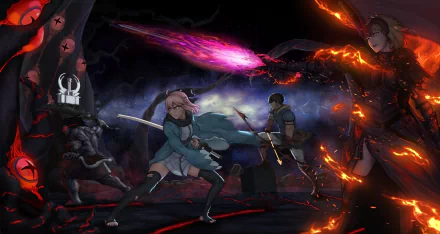 HD anime desktop wallpaper featuring Fate/Grand Order and Fate/stay night characters—Saber, Archer, Arash, Berserker, Okita Souji, and Jeanne d'Arc Alter—engaged in fiery battle.
