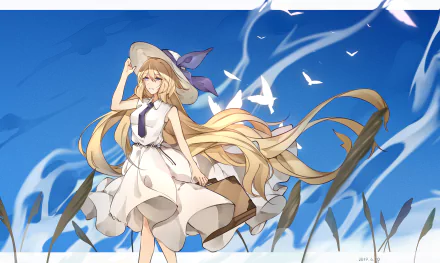 Anime-style HD desktop wallpaper featuring Jeanne d'Arc (Ruler) from Fate/Apocrypha with long blonde hair, purple eyes, a hat, tie, and a small bird against a blue sky.