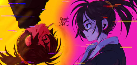 HD PC desktop wallpaper featuring vibrant, glitch-style artwork from the video game Katana Zero, showcasing two characters facing each other against a colorful background.