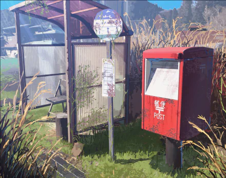 HD anime original artwork of a rural postbox scene with detailed foliage, a bus stop sign, and soft lighting, designed as a PC desktop wallpaper and background.