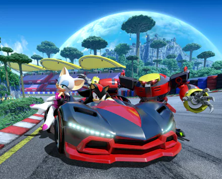 4K Ultra HD Team Sonic Racing wallpaper featuring Shadow the Hedgehog, Rouge the Bat, and E-123 Omega racing on a vibrant, colorful track in a video game setting.
