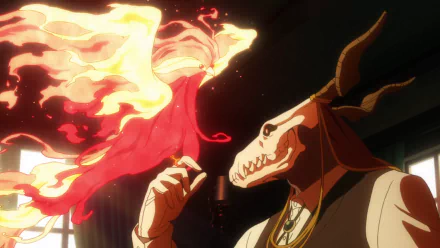 Elias Ainsworth from The Ancient Magus' Bride reaches toward a glowing phoenix with fiery wings, set against a dark background in this HD anime desktop wallpaper.