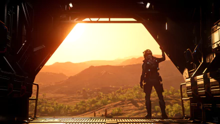 4K Ultra HD Star Citizen PC wallpaper featuring a silhouetted space explorer standing in a hangar doorway, overlooking a sunlit alien landscape at sunset.