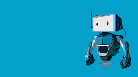HD desktop wallpaper of an artistic blue robot by Alpha Coders, set against a solid blue background. The robot features a rectangular head with screen-like eyes and mechanical limbs.