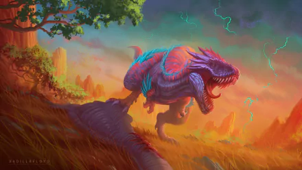 Vivid HD desktop wallpaper of a fierce theropod Tyrannosaurus Rex roaring on a vibrant, stormy prehistoric landscape with glowing lightning and lush vegetation.