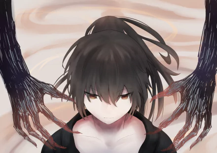 HD anime desktop wallpaper featuring Hyakkimaru from Dororo with dark, ethereal hands reaching towards him against a muted, cloudy background.