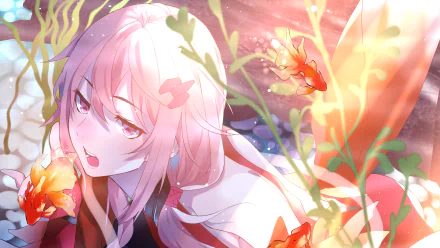 HD desktop wallpaper of Inori Yuzuriha from the anime Guilty Crown. The character is surrounded by plants and fish, with a serene backdrop of sunlight filtering through water.
