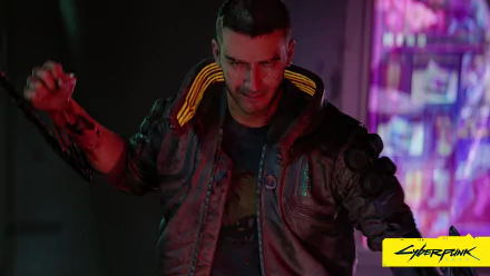 HD PC desktop wallpaper featuring a cyberpunk character from the video game Cyberpunk 2077, set against a vibrant neon-lit urban background.