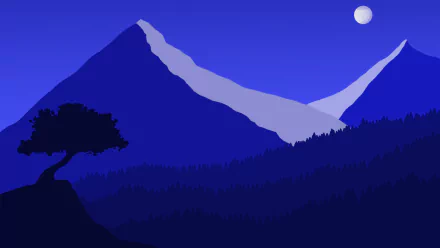 Minimalist HD desktop wallpaper depicting a blue-toned night landscape with mountain silhouettes, a full moon, and a lone tree in the foreground.