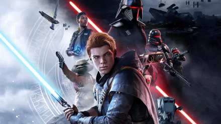 HD PC wallpaper featuring Cal Kestis and the Second Sister from Star Wars Jedi: Fallen Order, showcasing lightsabers and Star Wars-themed elements in a dynamic video game scene.