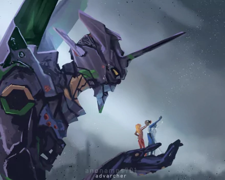 HD PC wallpaper featuring Evangelion Unit-01 with Asuka Langley Sohryu, Rei Ayanami, and Shinji Ikari from the anime Neon Genesis Evangelion against a moody sky backdrop.