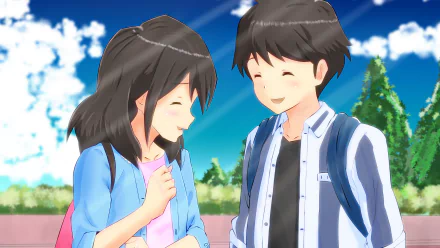 Anime HD desktop wallpaper featuring Akane Mizuno and Kotarō Azumi from Tsuki ga Kirei, smiling together under a bright blue sky with trees in the background.