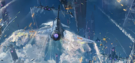 Artistic HD wallpaper featuring Chengdu J-10 and J-20 jet fighters soaring dynamically over a futuristic, battle-scarred cityscape.