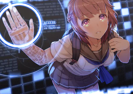 Anime schoolgirl with short brown hair and pink eyes, wearing a sailor uniform. She has a digital arm and is interacting with a futuristic interface. HD desktop wallpaper.
