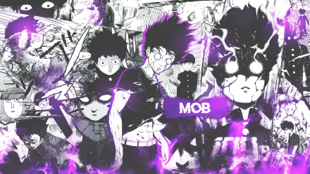 HD desktop wallpaper featuring Shigeo Kageyama from the anime Mob Psycho 100 in dynamic black, white, and purple tones with multiple intense character poses.