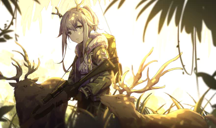 4K Ultra HD PC desktop wallpaper featuring a character from the video game Arknights, surrounded by glowing deer and bathed in warm, golden light.