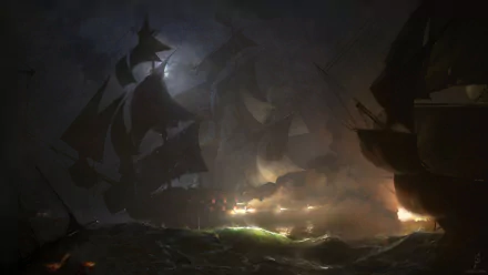 A dramatic nighttime fantasy battle at sea with multiple illuminated battleships engaged in combat, captured in an HD PC desktop wallpaper.