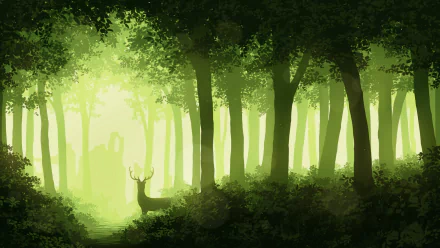 HD fantasy forest wallpaper featuring dense trees with soft green light filtering through and a majestic deer standing quietly among the foliage.