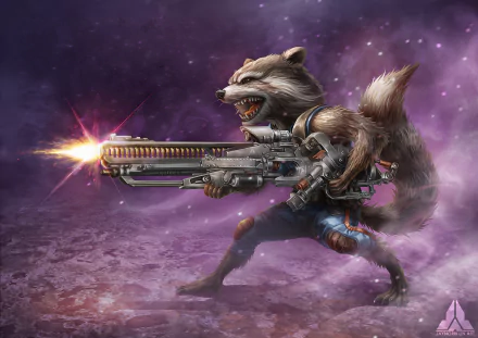 4K Ultra HD PC wallpaper: Rocket Raccoon (Guardians of the Galaxy) in comic-style art, firing a huge sci‑fi weapon against a purple cosmic background.