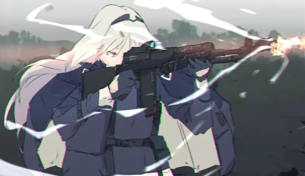 AN-94 (Girls' Frontline) video game HD PC desktop wallpaper: anime-style long white-haired girl firing the AN-94 rifle with muzzle flash across a moody battlefield.