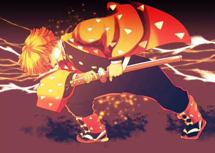 HD anime desktop wallpaper featuring Zenitsu Agatsuma from Demon Slayer: Kimetsu no Yaiba, showing him in a dynamic attack pose with lightning effects.