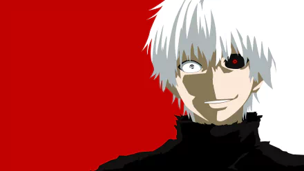 Close-up minimalist vector of Ken Kaneki with white hair and a red eye from Tokyo Ghoul √A, set against a bold red background in 4K Ultra HD desktop wallpaper style.
