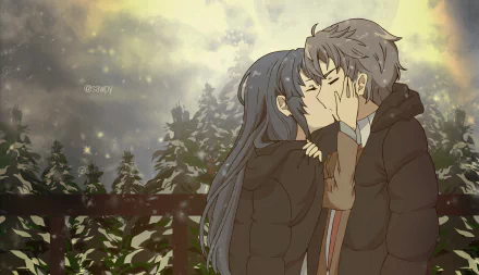 A romantic HD desktop wallpaper featuring Sakuta Azusagawa and Mai Sakurajima from the anime Rascal Does Not Dream of Bunny Girl Senpai, embracing under a wintery, starry sky.
