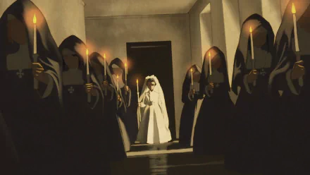 HD anime desktop wallpaper from Fire Force featuring a white-cloaked figure standing in a dimly lit hallway surrounded by hooded, candle-bearing figures.