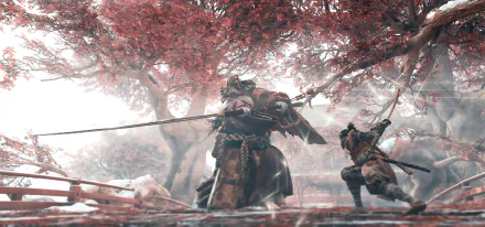 HD PC desktop wallpaper featuring a samurai battle scene from Sekiro: Shadows Die Twice, showcasing the character Sekiro wielding a sword amid vibrant red foliage.