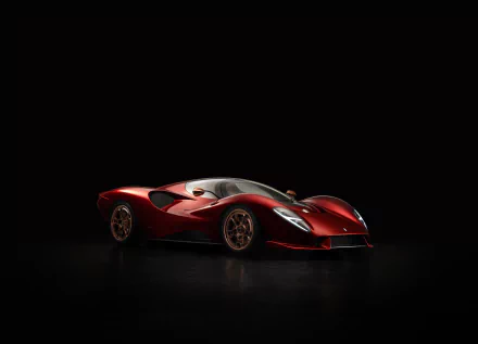 Red De Tomaso P72 supercar on a glossy floor under dramatic lighting against a black background — 8K Ultra HD PC desktop wallpaper.