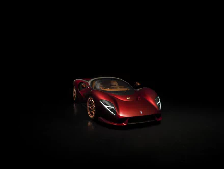 De Tomaso P72 supercar (car, vehicle) in deep red on a glossy black background — cinematic 8K Ultra HD PC desktop wallpaper showcasing sleek low-profile body, glowing headlights and reflections.