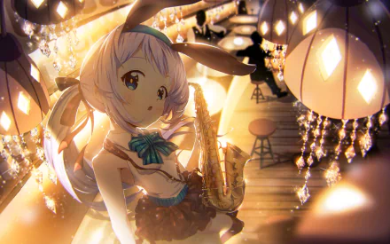 HD anime desktop wallpaper featuring Chino Kafū from Is the Order a Rabbit? playing a saxophone in a warmly lit, cozy café setting.