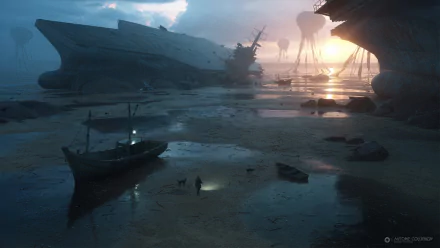 HD sci-fi post-apocalyptic wallpaper depicting a desolate shoreline with a stranded ship, a lone figure with a dog, and futuristic structures against the backdrop of a dramatic sunset.