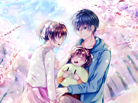 HD anime wallpaper featuring Nagisa Furukawa, Tomoya Okazaki, and Ushio Okazaki from Clannad with a Dango plush, set against a cherry blossom background.