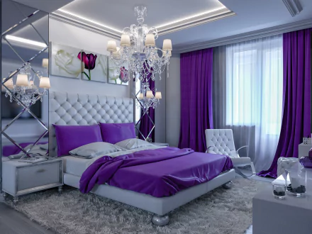 HD desktop wallpaper of a modern bedroom featuring a tufted bed with purple bedding, chandelier lighting, mirrored furniture, and floor-to-ceiling purple curtains.